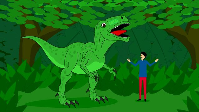 Cartoon animation of a man in the woods showing a dinosaur and he gets scared, art, drawing.