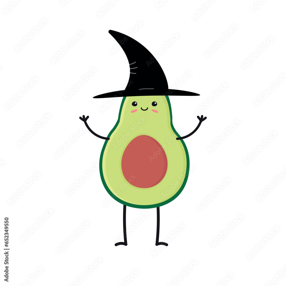 Canvas Prints Vector cartoon flat Halloween avocado with witch hat isolated on white background