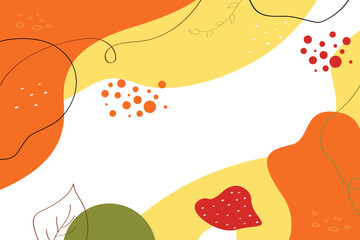Abstract Autumn Background with Fluid Shapes and Mushroom. Flat abstract hand drawn background