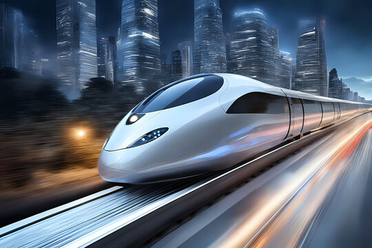An awe-inspiring image of a superfast magnetic levitation city train with lights trails, illustrating the future of efficient transport