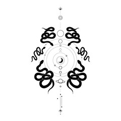 Vector illustration set of moon phases. Different stages of moonlight activity in vintage engraving style. Zodiac Signs