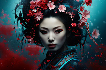 geisha with sakura flowers, portrait of a japanese woman