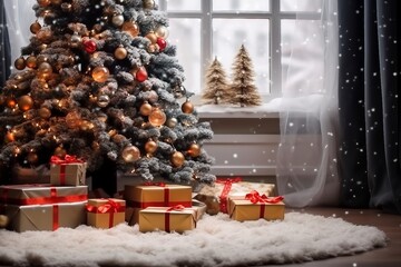 Christmas Home Interior with White Christmas tree. generative ai.