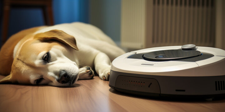 Charming close-up depicting a futuristic cleaning robot at pause, serenely accompanied by a peacefully sleeping dog in quiet, homely surroundings.