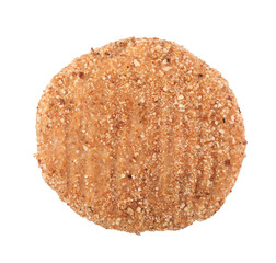Vegan cutlet with breadcrumbs isolated on white, top view