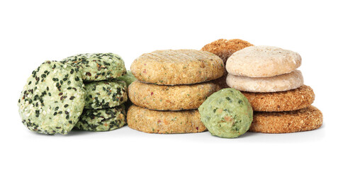 Many different raw vegan meat products on white background