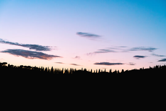 Tuscany Sunset Landscape with Backlit Tree Silhouettes on Hill - Scenic Italian Countryside