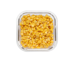 Glass container with tasty corn kernels isolated on white, top view
