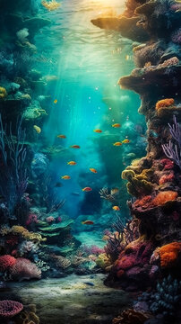 Underwater landscape with coral reef, colorful tropical fish and algae. Mixed media poster.