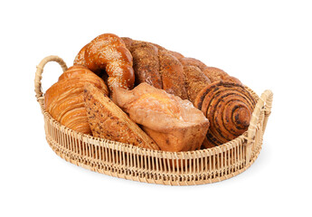 Different tasty pastries in wicker basket isolated on white