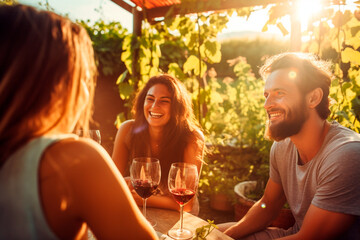 Amigos felices divirtiéndose al aire libre. Grupo de amigos cenando juntos en el patio.  - obrazy, fototapety, plakaty