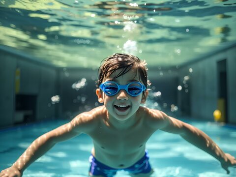 Kid boy swim underwater in summer pool. Summer kids vacation concept. Funny kids face underwater. Child splashing in swimming pool. Summer water sport. Summer vacation with child.