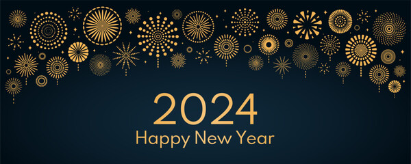 Golden fireworks 2024 Happy New Year, bright frame on dark background, with text. Flat style vector illustration. Abstract geometric design. Concept for holiday greeting card, poster, banner, flyer - 652352950