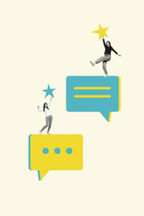 Photo collage artwork minimal picture of funny charming ladies rating chatting apps isolated beige...