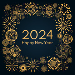 Golden fireworks 2024 Happy New Year, bright frame on dark background, with text. Flat style vector illustration. Abstract geometric design. Concept for holiday greeting card, poster, banner, flyer