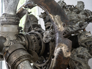 wreck of old melted  aircraft engine