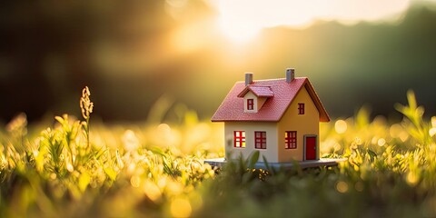 Eco friendly dream home. Miniature model amidst nature. Property investment concept. Tiny model house in green oasis. Building for future. Miniature houses in beautiful garden
