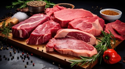 Raw beef steaks on a cutting board with spices on a black stone background, generative ai