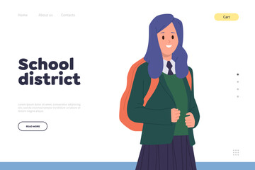 School district landing page template for online education service with happy girl student design