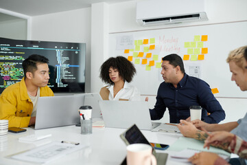 Group of developers discussing project in weekly meeting with team leader