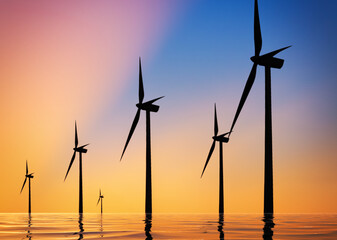 Offshore wind farm at sunset - 652356159