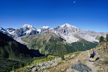 Bergwandern um die Ortlergruppe, mit Person im Bild die zu den Bergen blickt