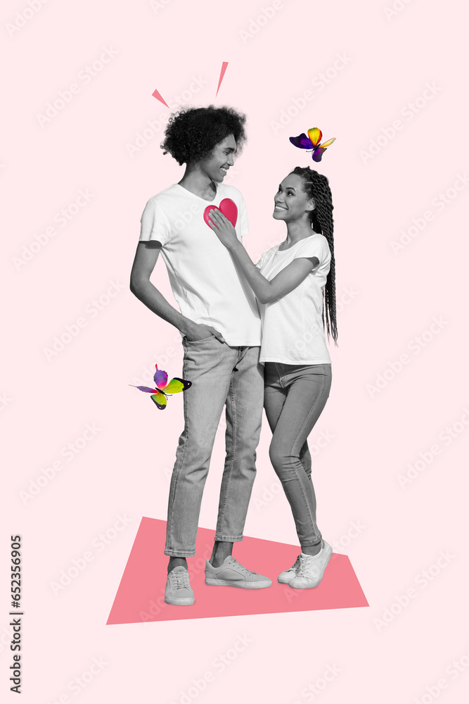 Poster vertical collage image of two black white effect partners cuddle look each other touch heart flying 