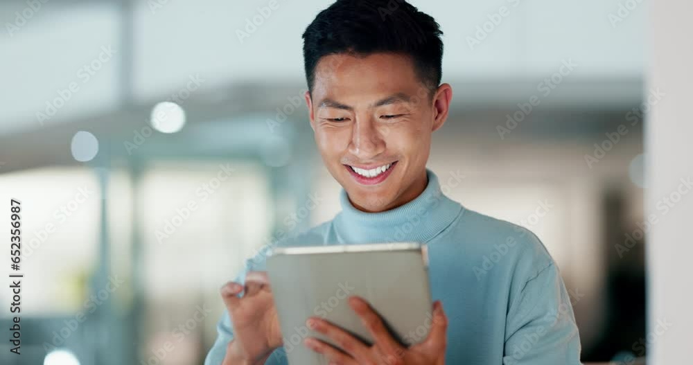 Poster asian man with tablet, smile and scroll, thinking and reading email, review or article at startup. i
