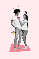 Vertical collage image of two black white effect partners cuddle look each other touch heart flying butterfly isolated on pink background