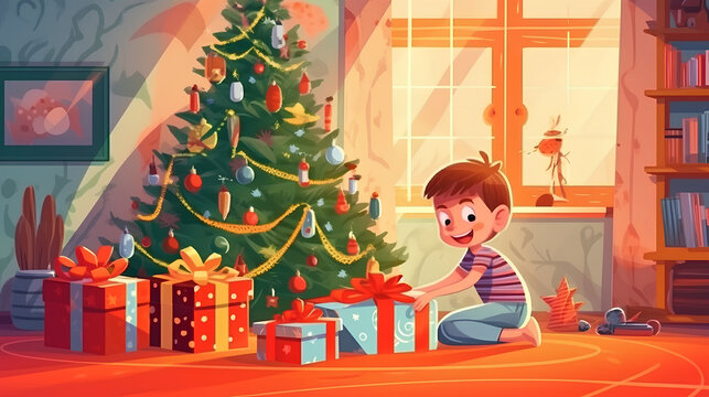 A boy opens a magical gift next to a Christmas tree, a Christmas miracle. illustration.