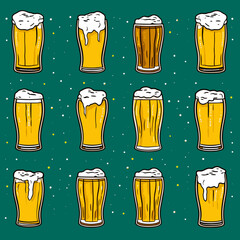 Beer glasses pattern, background, hand-drawn cartoon flat art Illustrations in minimalist vector style