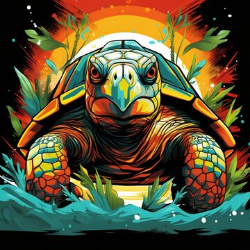 A cartoon, formidable, invincible turtle. A predatory animal for children's comics.