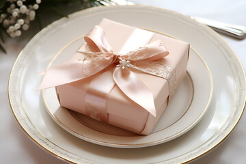 Gift with pink ribbon on plate
