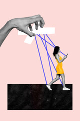 Vertical photo concept collage doll woman chatting human hand holding strings manipulates her moves...
