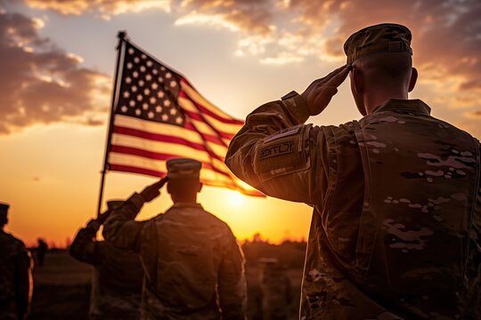 US Army soldiers salute against the backdrop of sunset and the US flag