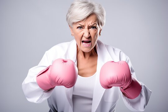Beautiful woman with pink ribbon and boxing gloves - Powered by Adobe