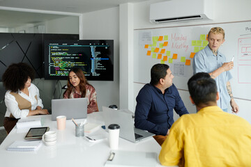Team of developers gathered to discuss ideas for mobile application development