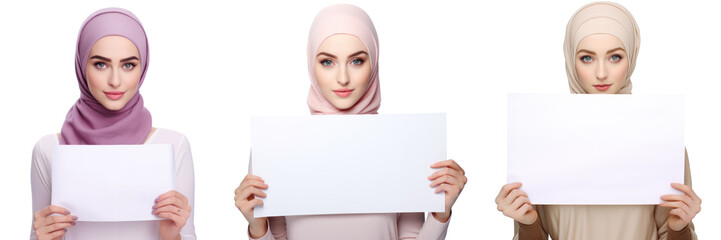 Muslim woman with headscarf holding a blank sign - obrazy, fototapety, plakaty