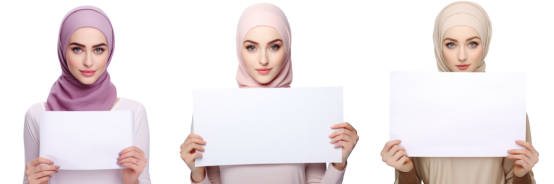 Muslim woman with headscarf holding a blank sign