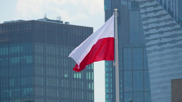 Close up Flag of Poland or Polish Flag waving at wind against downtown glass skyscrapers urban skyline