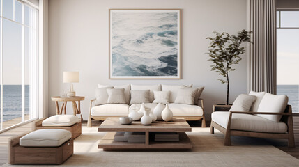 Coastal interior design for a modern living room featuring an elegant sofa, framed artwork, a table, and various accessories