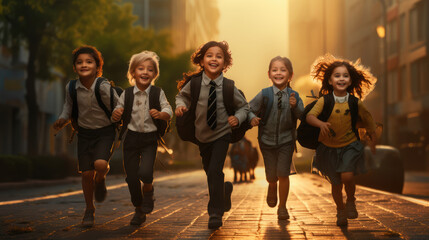 Group of young children running together in friendship, embodying the back-to-school concept on their first day of school