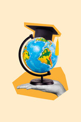 Vertical collage image of black white effect arm palm hold mini planet earth world globe...