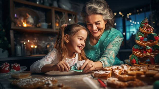 Christmas cookies are being made by a mother and daughter. Generative AI.
