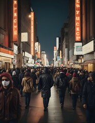 Nighttime Stroll Amidst a Thriving Urban Crowd