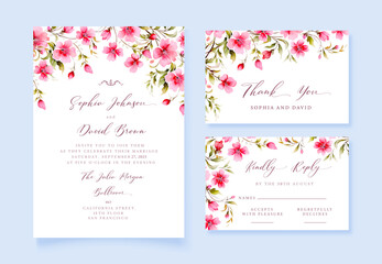 Fototapeta na wymiar Watercolor Wedding invitation with wild flowers, thank you and rsvp cards, vector template.