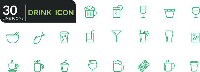 Set of 33 outline Drink & Beverage Stroke icons. Food, Drink, meal, cool drink, beer, alcohol . Vector Illustration