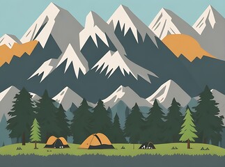 Fototapeta na wymiar Black silhouette of mountains and fir trees camping adventure wildlife landscape panorama illustration icon vector for logo, isolated on white background (generative AI)