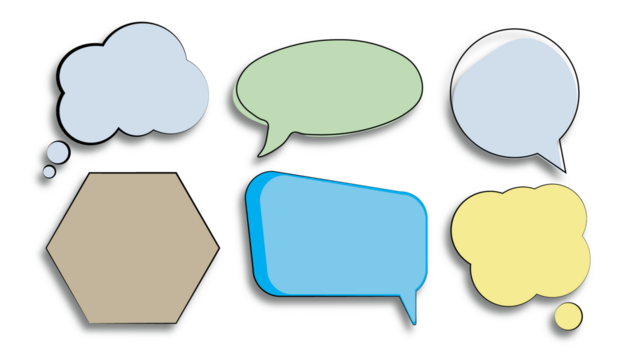 Collection set of colorful blank cut out paper cardboard speech bubbles of rectangular and round shape with copy space for text on transparent png or white background