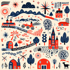 American country pattern pattern, background, hand-drawn cartoon flat art Illustrations in minimalist vector style